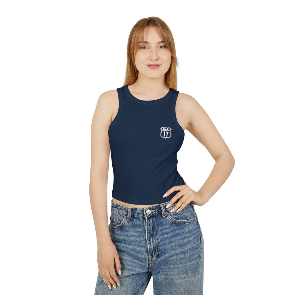 Racerback Tank Top — ‘BAR 17’ Badge Graphic Cropped Rib Tank