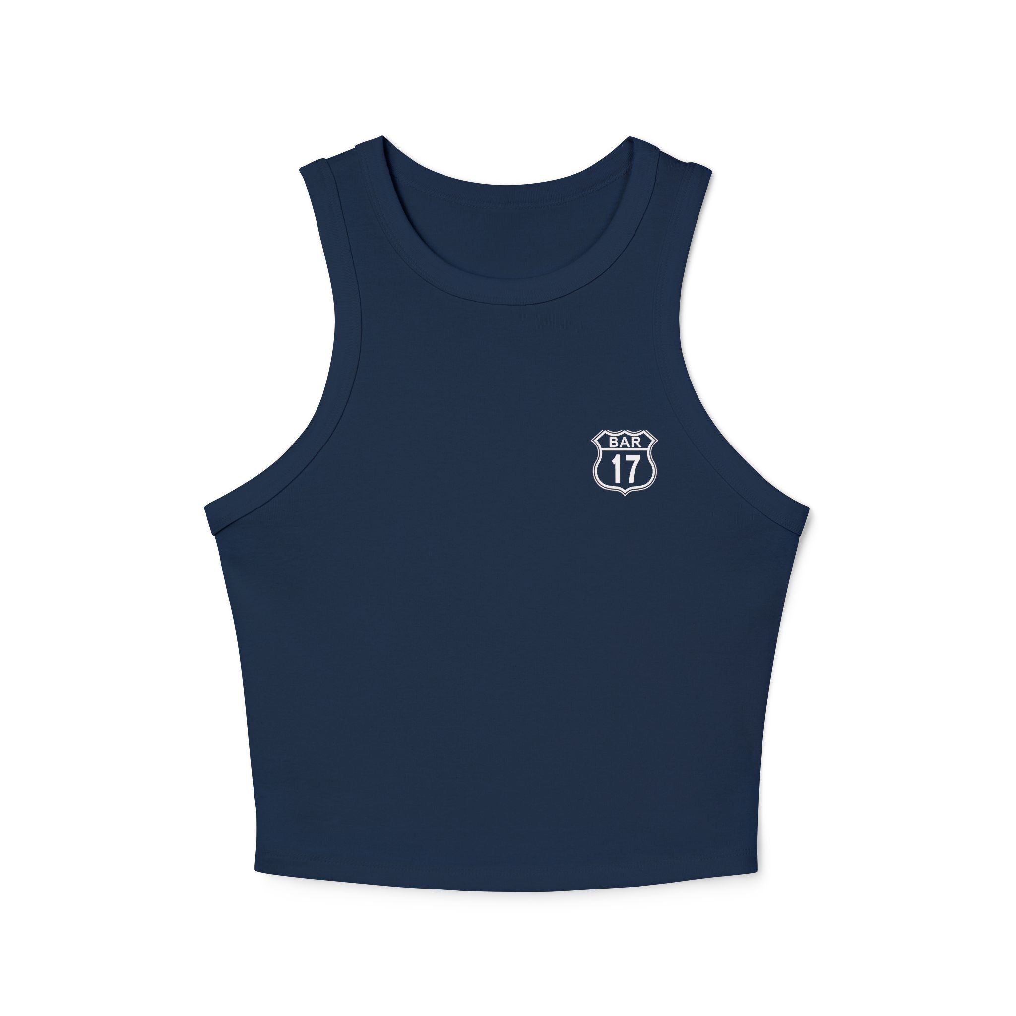 Racerback Tank Top — ‘BAR 17’ Badge Graphic Cropped Rib Tank