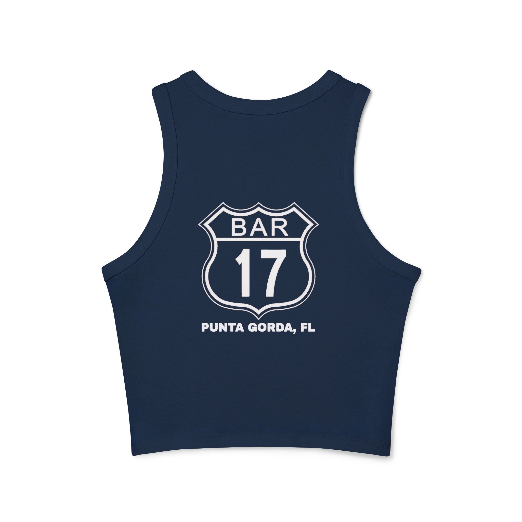 Racerback Tank Top — ‘BAR 17’ Badge Graphic Cropped Rib Tank
