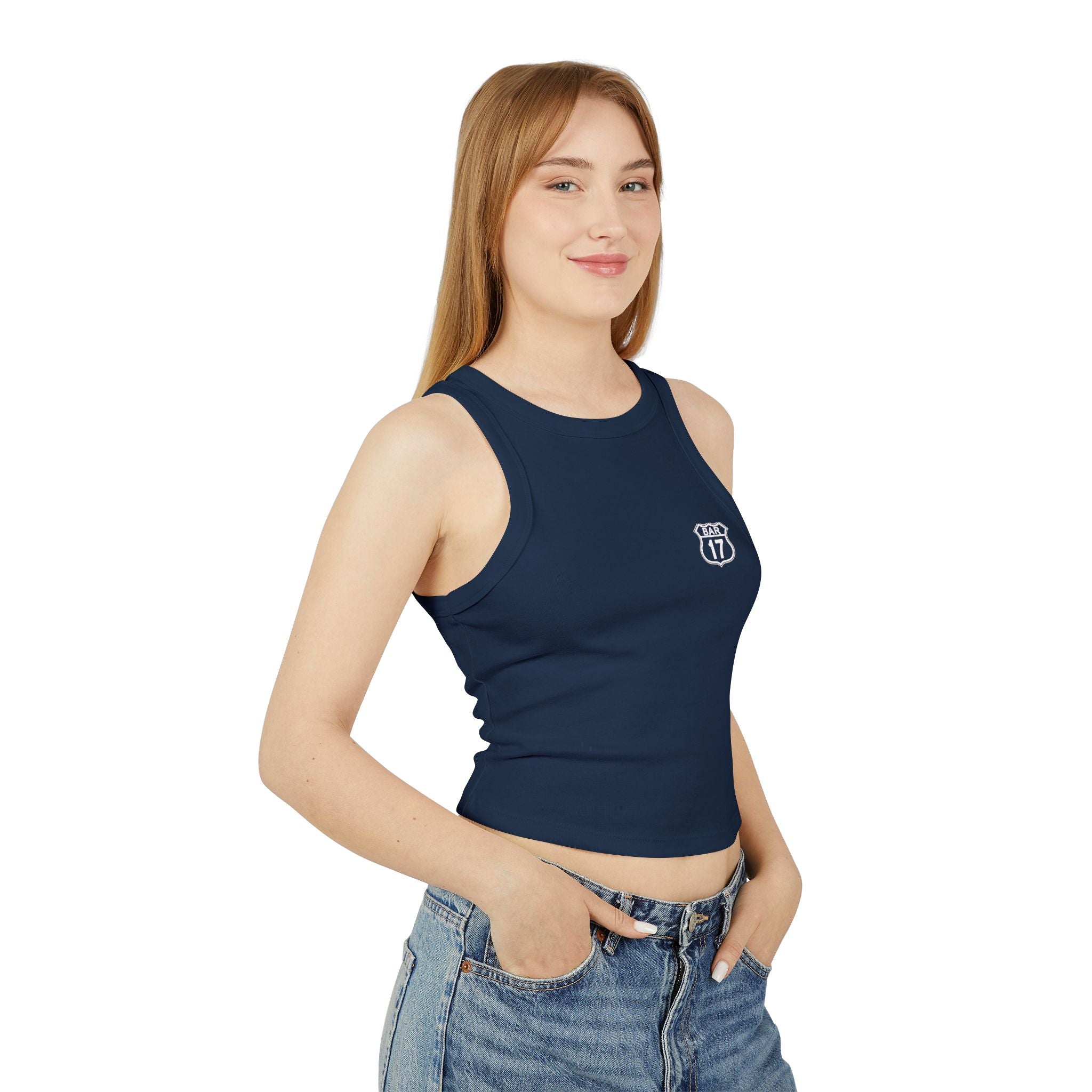 Racerback Tank Top — ‘BAR 17’ Badge Graphic Cropped Rib Tank