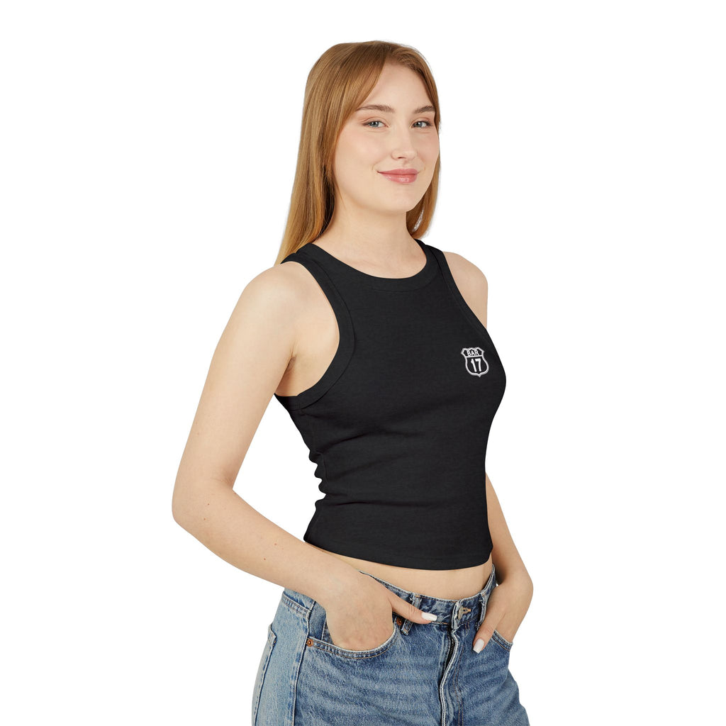 Racerback Tank Top — ‘BAR 17’ Badge Graphic Cropped Rib Tank