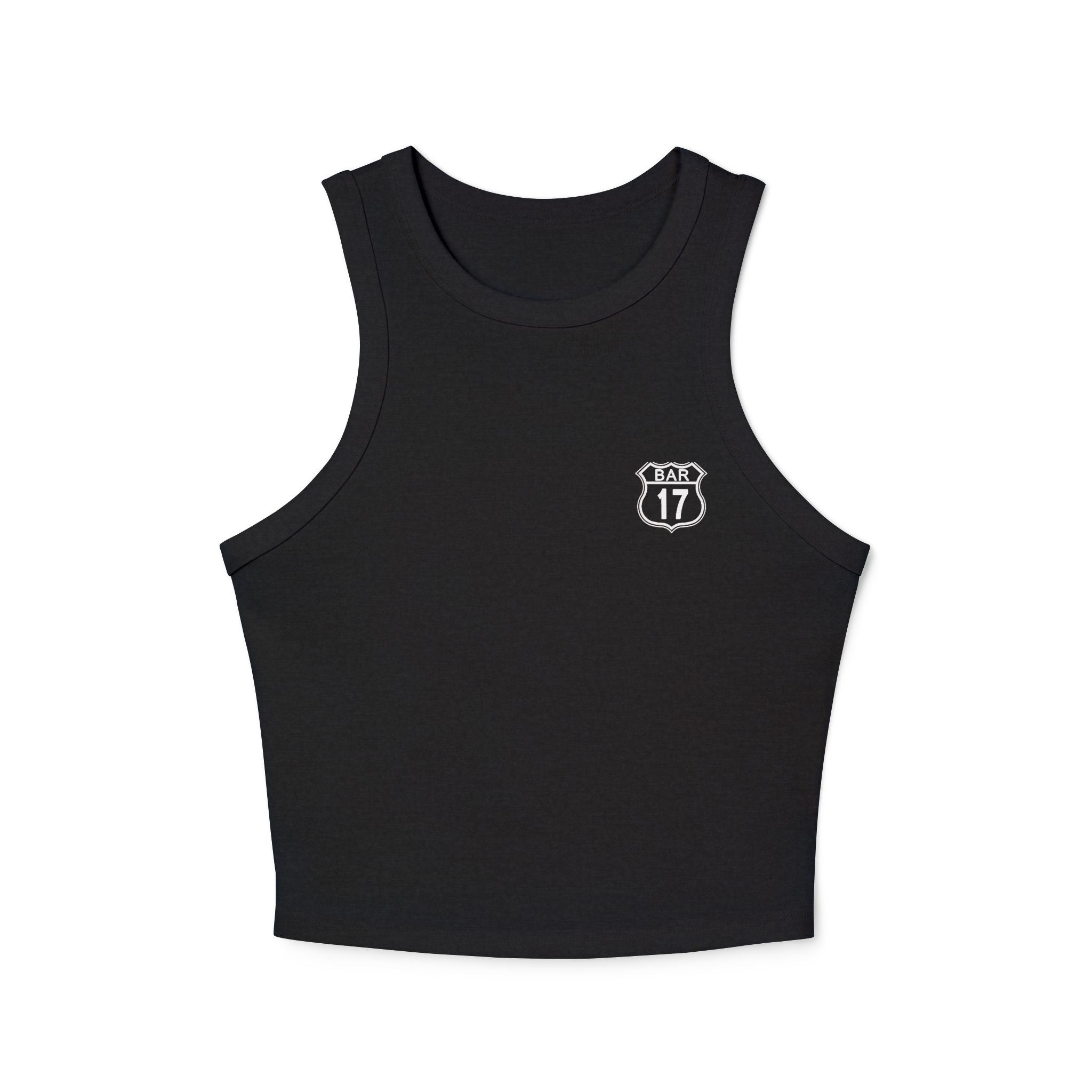 Racerback Tank Top — ‘BAR 17’ Badge Graphic Cropped Rib Tank